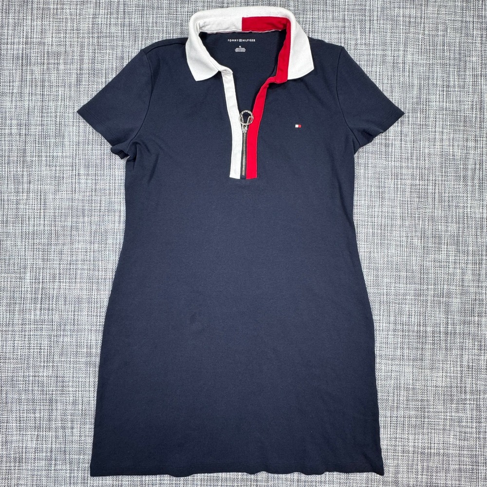 Tommy Hilfiger Women Polo Dress Petite Large PL Navy Red White Cotton Ring Zip